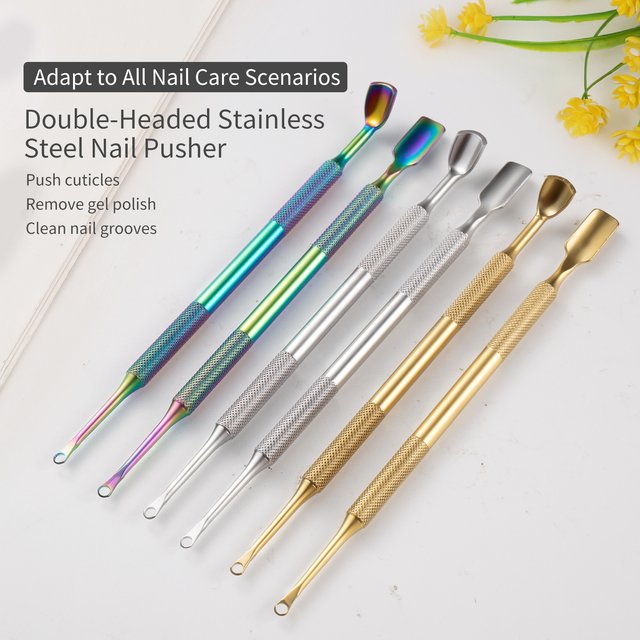 Double-Tip Stainless Steel Cuticle Pusher Spoon Circular Scraper Manicure Tool for Dead Skin Removal Nail Care Cuticle Grooming
