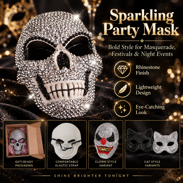 Rhinestone Skull Mask Sparkling Masquerade Party Face Mask Crystal Costume Mask for Halloween Carnival Festival Night Party