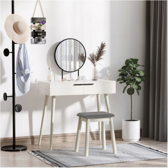 HOMCOM Vanity Table Set Dressing Desk w/ Cushioned Stool Drawer Makeup Table White