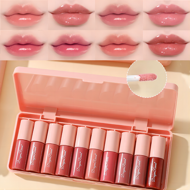 Set of 10 Fine Shimmer Lip Glosses, Easy-To-Apply Lip Glaze, Non-Stick, Non-Fading, Moisturizing, Shiny Lip Gloss, Glass Lip Gloss with Fine Shimmer and Pearlescent Effect