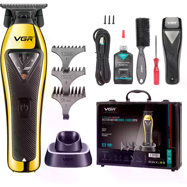 VGR Professional Beard Hair Trimmer Men - Electric Cordless USB-C Rechargeable Battery 150 Runtime - Zero Gap DLC Precision T-Blade - 10000 RPM Vector Motor Barber Machine Detailer, Lining, Edge