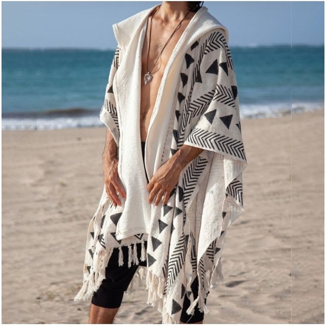 New Hooded Beach Sunscreen Clothing Fashion Casual Printed Tassel Cloak Men's Vacation Style Versatile Top Ethnic Style Clothing
