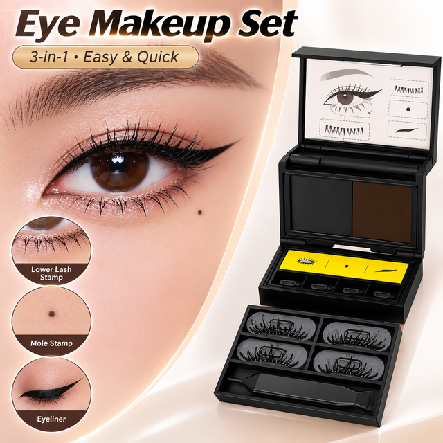 3-in-1 Lower Eyelash Stamp Eyeliner Kit Waterproof Long Lasting Fast Application Portable Eye Makeup Tool Set Box