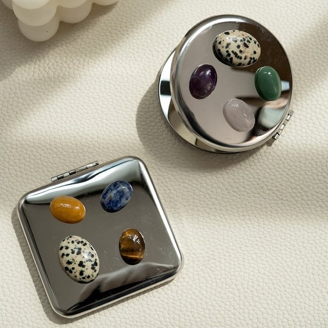Luxurious Mirrored Stainless Steel Natural Gemstone Portable Flding Makeup Mirrorortable Touch Up Mirror