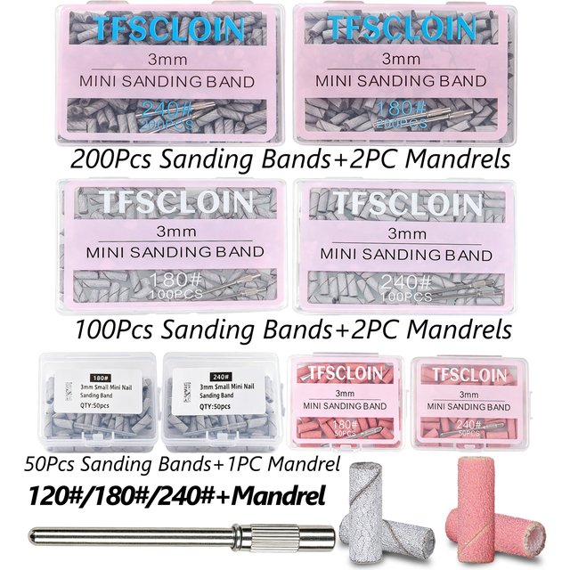 50/100/200Pcs 3mm Small Nail Sanding Bands 80#120#180#240# Grit Sand Ring with Metal Mandrel Bit for Acrylic Gel Nail Polishing