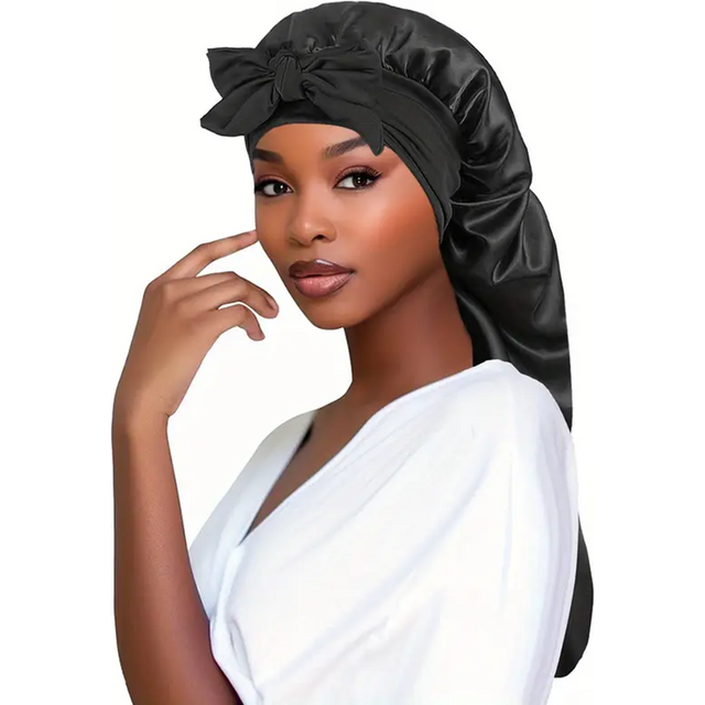 Bonnet tressé à nœud papillon, bonnet de nuit en satin non parfumé avec bande élastique et longue cravate pour femme – Bonnet de nuit respirant pour cheveux