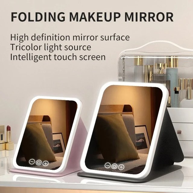 GGbingo USB Rechargeable Vanity Mirror with Touch 3 Color LED Lights Dimming Portable Folding Makeup Mirror for Home Travel
