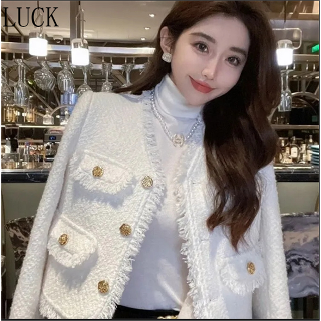 Vestes petit parfum ample col en v à manches longues manteau printemps et automne luxe haute qualité Tweed français blanc manteau court femme