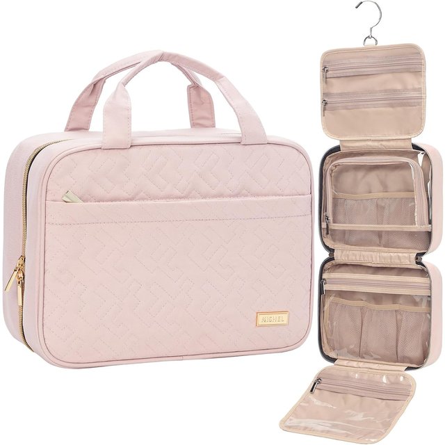 Travel Toiletry Bag for women Pink Portable Hanging Makeup Organizer for Travel-Sized Shampoo Brushes Set Makeup Accessories