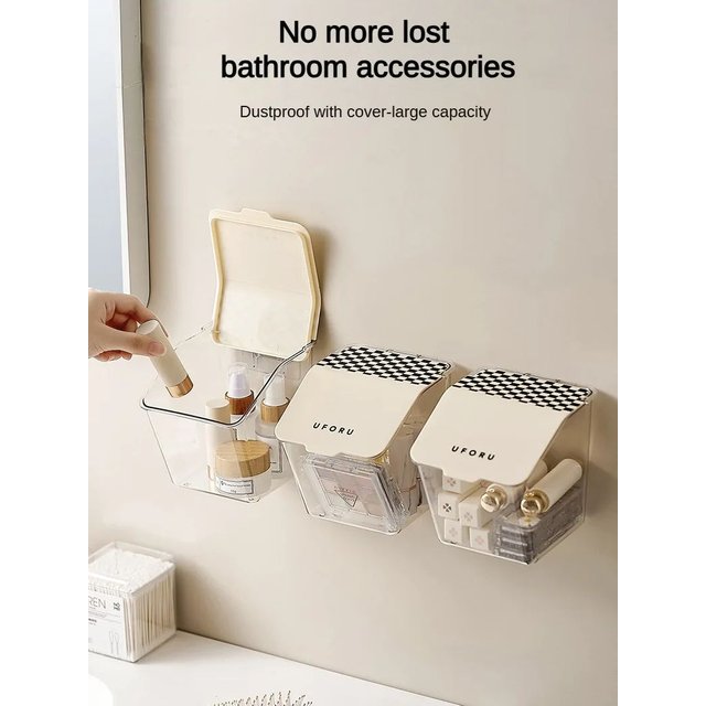 Wall Mount Clear Plastic Makeup Storage Box with Lids Small Storage Organizer Bins Wall Mounted with Punch-Free Home Essentials