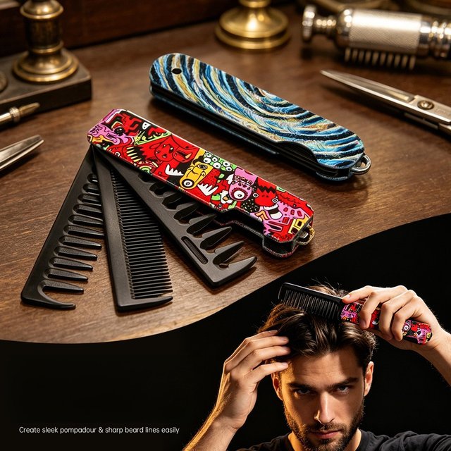 Graffiti Barber Hair Clipper Folding Combs Multifuncional Plastic Wide Tooth Oil Head Comb Beard Combing 3In1 Styling Tools