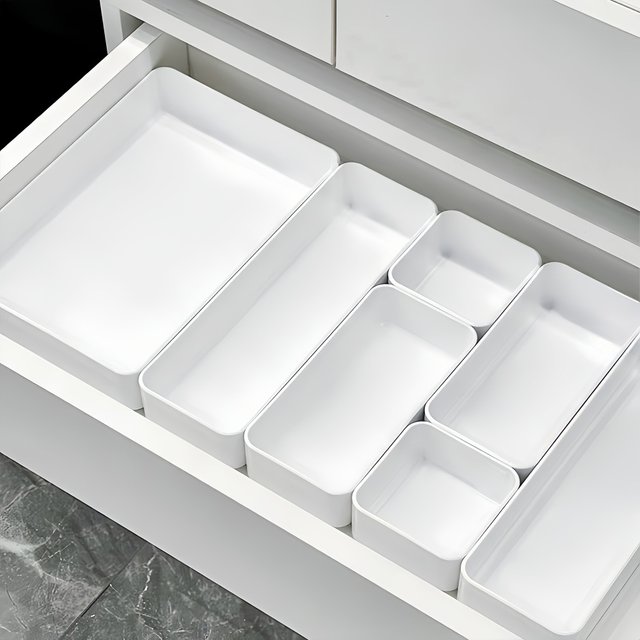7pcs Drawer Organizer Set Plastic Sundries Stackable Multi-size Makeup Vanity Container Home Office School Desk Storage Supplies