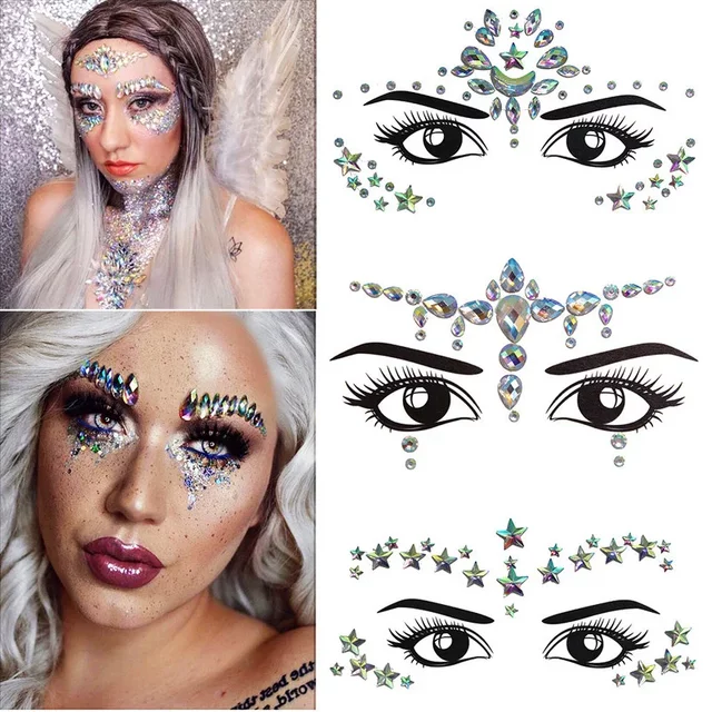 Face Jewels Tattoos for women Party Makeup Decor Diamond Rhinestone Face Stickers 3D Self Adhesive Body Eyebrow Diamond Stickers
