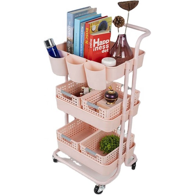Spa Facial Salon Trolley Kitchen Storage Pink Color Rack Rolling Cart Utility Organizer