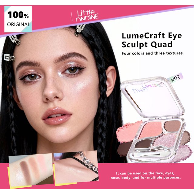 LITTLE ONDINE LumeCraft Eye Sculpt Quad 02 Whisper Blushpink,Smooth Powder Texture,Fresh Nude Makeup,Luxury Makeup