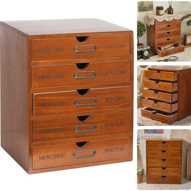 Small Wooden Desktop Organizer 5-Drawer Mini Vintage Storage Box Storage Cabinet for Perfume Cosmetic Trinket Organizer