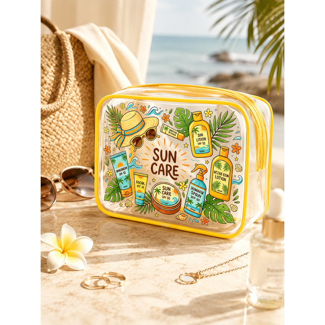 Clear PVC Cosmetic Bag Sun Care Print Waterproof Travel Toiletry Organizer for women Makeup Skincare Beach Vacation Large Small
