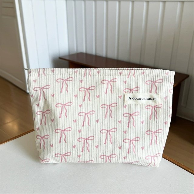 Corduroy Travel Makeup Bag with Bow Pattern, Cosmetic Bag for Purse Organizer, Toiletry Bag with Zipper for Travel Essentials