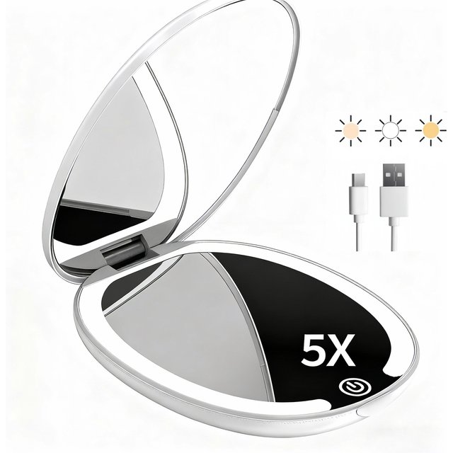 Travel Makeup Mirror with LED Light, 5x Magnifying Mirror, Cute Mini Makeup Mirror, Double-Sided 3-Color Light Bag, Portable