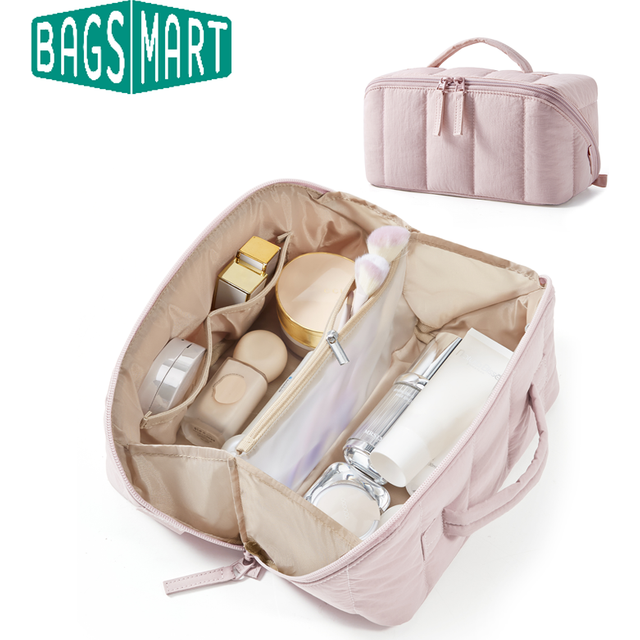 BAGSMART Makeup Bag for women Portable Water-resistant Cosmetic Case Puffy Padded Make Up Organizer Pouch Open Flat Toiletry Bag