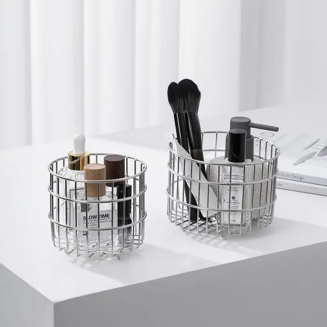 Stainless Steel Round Makeup Brushes Storage Basket Cosmetic Tools Organizer Multifunctional Perfume Lipstick Makeup Tool Holder