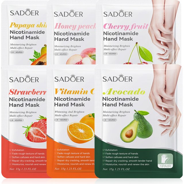 6 Pairs SADOER Fruit Hand Mask Avocado Honey Peach Papaya Cherry Strawberry Vitamin C Moisturizing Masks For Hands Skin Care