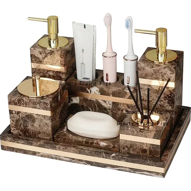 1pc Marble Light Luxury Bathroom Wash Toiletry Tray Hotel Bathroom Bathroom Hand Wash Table Toothbrush Shelf Decoration