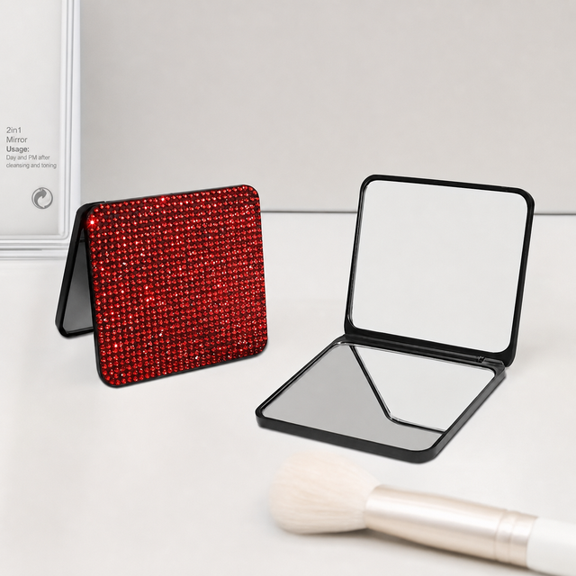 Rhinestone Pocket Mirror Portable Square Makeup Mirror Foldable Double-Sided Handheld Bling Compact Cosmetic Tool