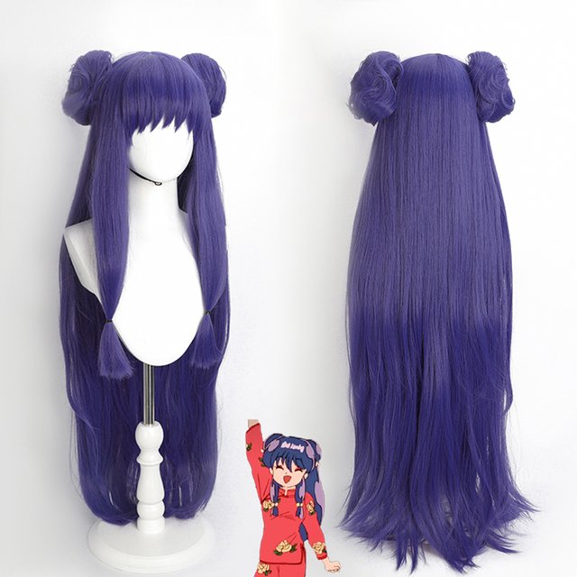 Cosplay Wig Ranma 1/2 Shampoo Long Straight Purple Anime Wig with Grab Chignons Simulation Scalp Synthetic Wig with Bangs