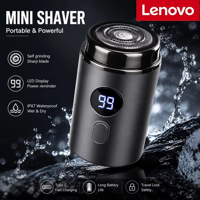 Lenovo Men's Electric Mini Shaver Rechargeable LED Digital Display Dual Use Wet and Dry Electric Shaver For Home Car Travel