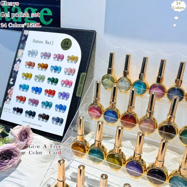 Glenys 24 color chip cat's eye nail polish gel net red popular immersion gel color card UV LED nail salon varnish set