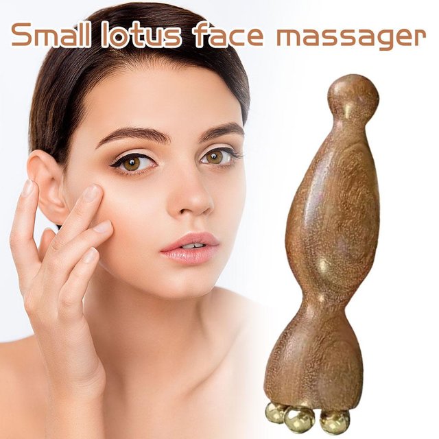 Masseur Facial en forme de Lotus, petit masseur Facial en perles de laiton, tige d'étirement des yeux, point d'acupuncture, outil de soins de la peau en bois naturel