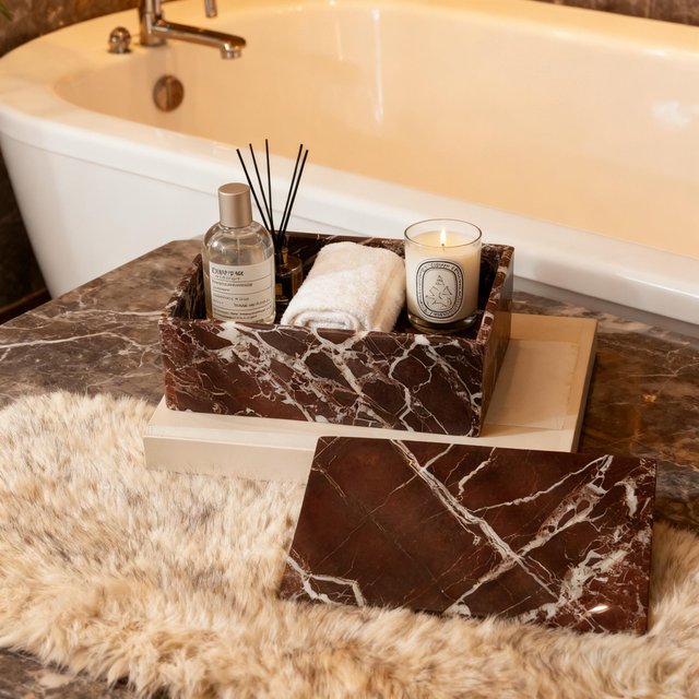 Natural Marble Cotton Swab Holder Rectangular Organizer for Qtips, Makeup & Bathroom Vanity, Purple Stone Tray Box