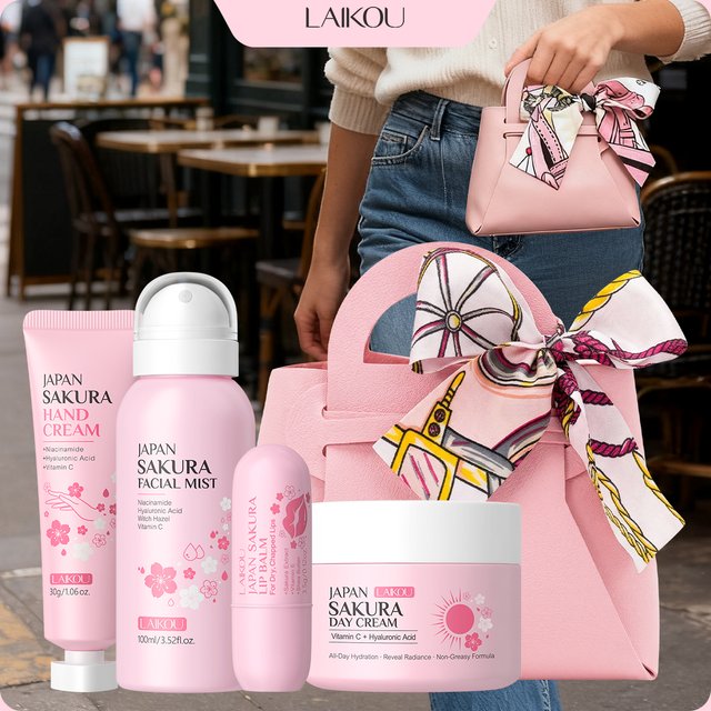 LAIKOU Japan Sakura Skin Care Set - 4Pcs Facial Mist Day Cream Lip Balm Hand Cream with Pink Gift Bag Complete Face Hand & Lip C