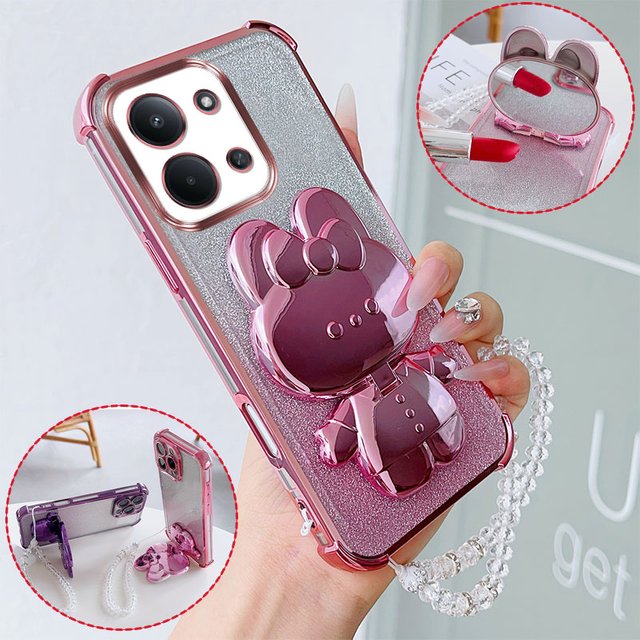 Shockproof Phone Case with Rabbit Makeup Swivel Stand Crystal Lanyard For Xiaomi Redmi 15C European Global5G Poco C85 Back Cover