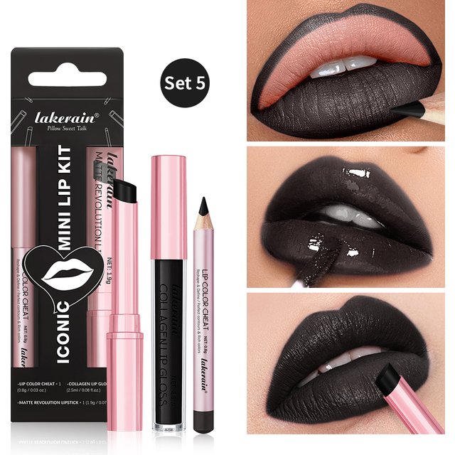 Waterproof Long Lasting Matte Black Lipstick Set Velvet Liquid Lip Gloss Lip Liner Set Red Stain Halloween Goth Makeup