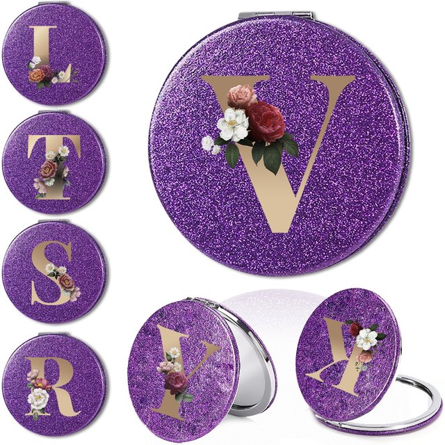 Compact 2 Sided PU Mirror Folding Flash Makeup Mirror Portable Cosmetic Mirror Pocket Magnifying Gold Letter Pattern Beauty Tool