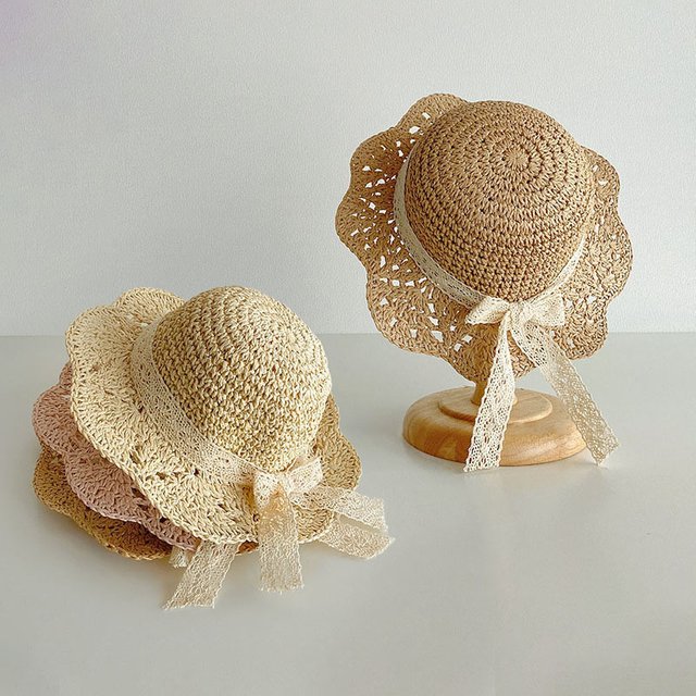 Lace Bow Girl Straw Hat Baby Summer Sun Hats Travel Beach Kids Large Brim Fisherman Cap 2-5Year Children Sunscreen Bucket Caps
