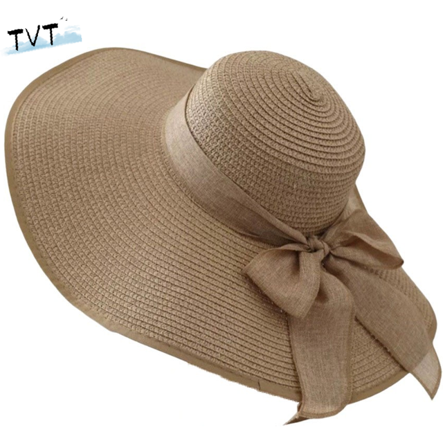 Casual Wide Brim Straw Sun Hat Bowknot Ribbon Oversize Weave Sun Cap Sunscreen British Style Sun Protection Hat Beach