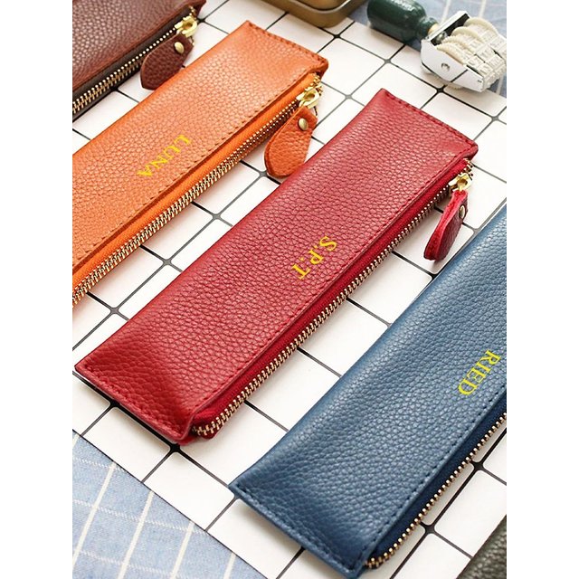 Engrave Initials Genuine Leather Pen Pouch Student Custom Name Cowhide Zipper Pen Bag Luxury Vintage Storage Bag Cosmetic Bag