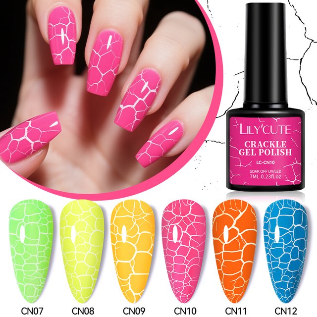LILYCUTE 7ml Neon Crackle Gel Nail Polish Summer Fluorescent Quick Drying Semi Permanent UV Gel Nail Art Varnish DIY Manicure