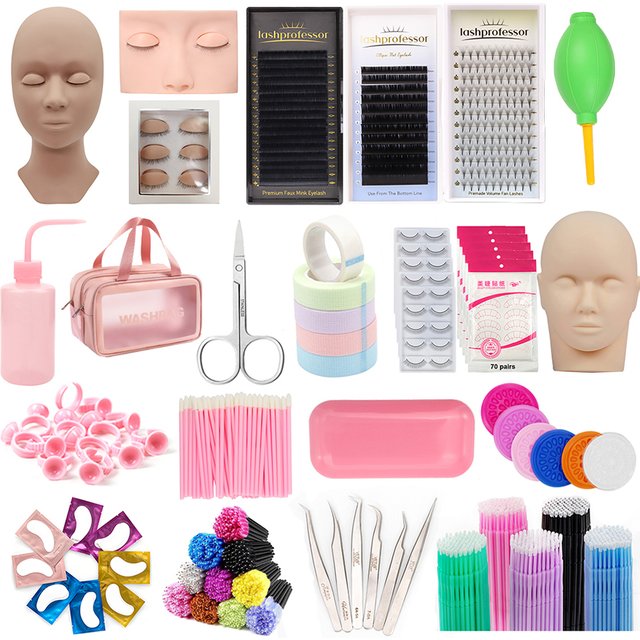 Eyelash Extension Training Kit for Beginners Practice Model Head Mannequin Eye Pads Tweezers Brushes Makeup Set Practice Eyelash