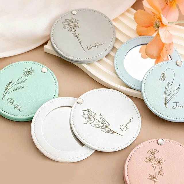 5PCS Free Personalized Makeup Mirror Custom PU Leather Pocket Mirrors Travel Mirror Portable Makeup Mirror Bridal Shower Gifts