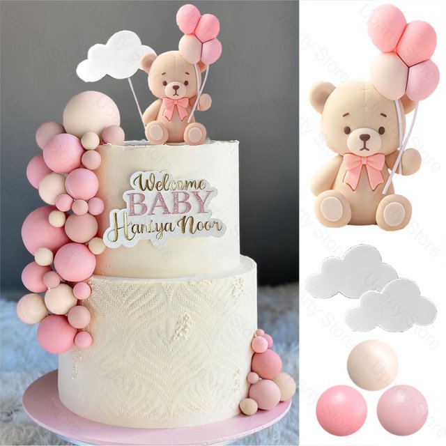 Air Balloons Bear Cake Toppers Blush Pink Balls White Cloud Bear Holding Balloons Cake Decoration for Birthday Baby Shower Decor