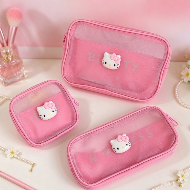 Hello Kitty Mesh Makeup Bag, Transparent Portable Cosmetic Organizer, Travel Storage Bag.