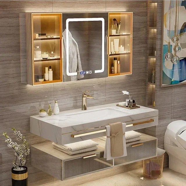 Stock Modern Slate Bathroom Cabinet With Smart Mirror Modern Double Washbasin Bathroom Vanity mobile bagno furnitures Skincare