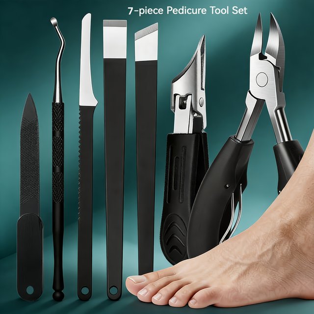 7pcs Professional Pedicure Tool Set for Home Foot Care& Thick Nail Trimming Includes Clippers Knives Files Sharp Stainless Steel
