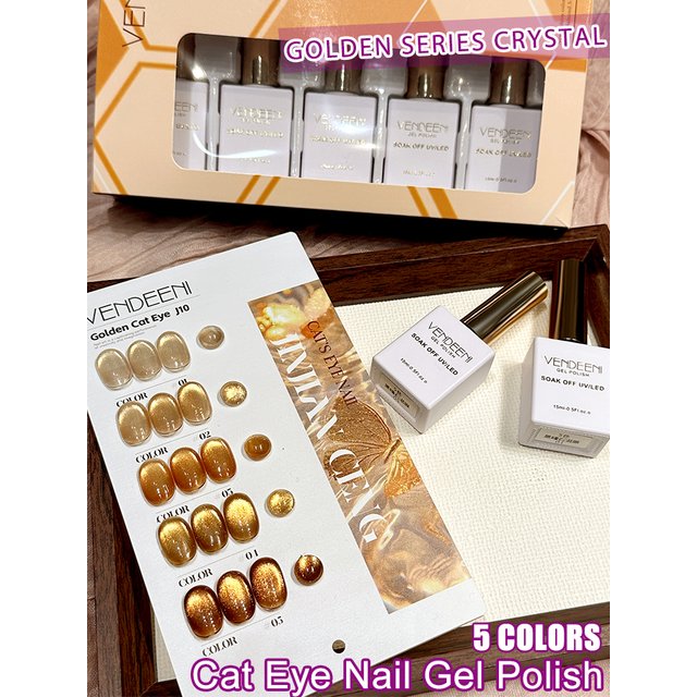 Vendeeni 5 Colors/Set Golden Cat Eye Gel Nail Polish Magnetic UV Soak Off Gel Varnish Glitter Crystal Cat Eye Gel With Display