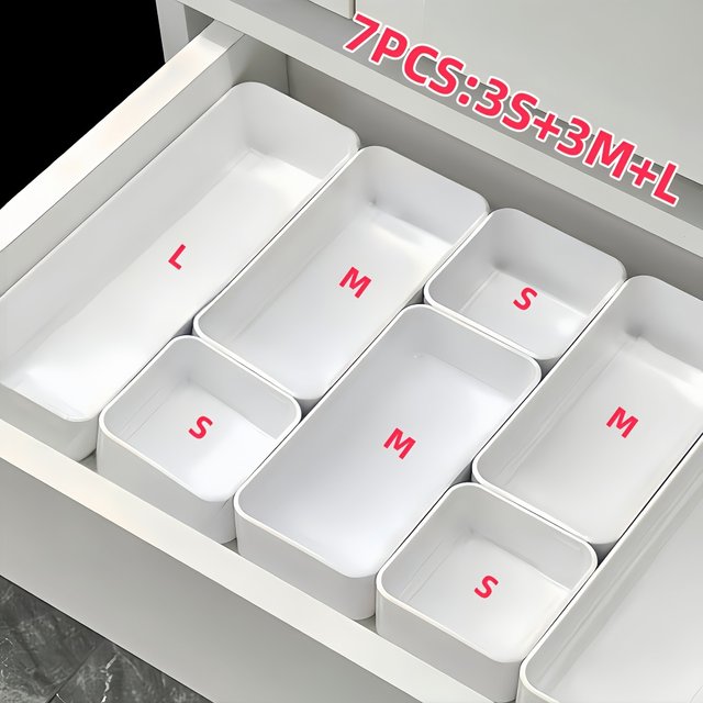 7pcs Drawer Organizer Set Plastic Sundries Stackable Multi-size Makeup Vanity Container Home Office School Desk Storage Supplies