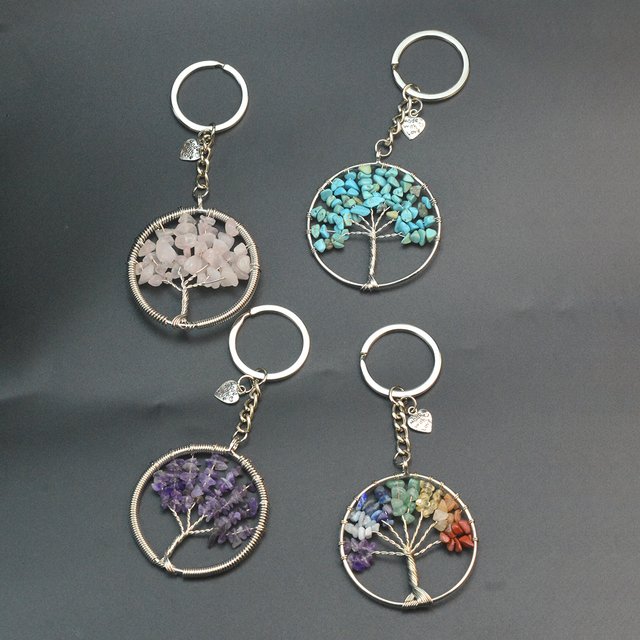 Porte-clés Arbre de Vie en Quartz Rose, Turquoise et Améthyste, Arbre de la Sagesse, Chakra, Guérison Reiki, Prêt à Porter, Cadeau EDC